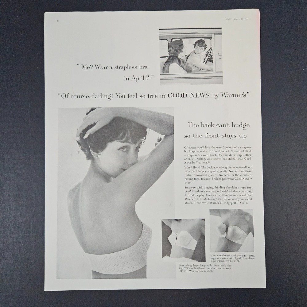 1958 Warner's Good News Strapless Bra Vintage Print Ad Deep Plunge Bridgeport CT